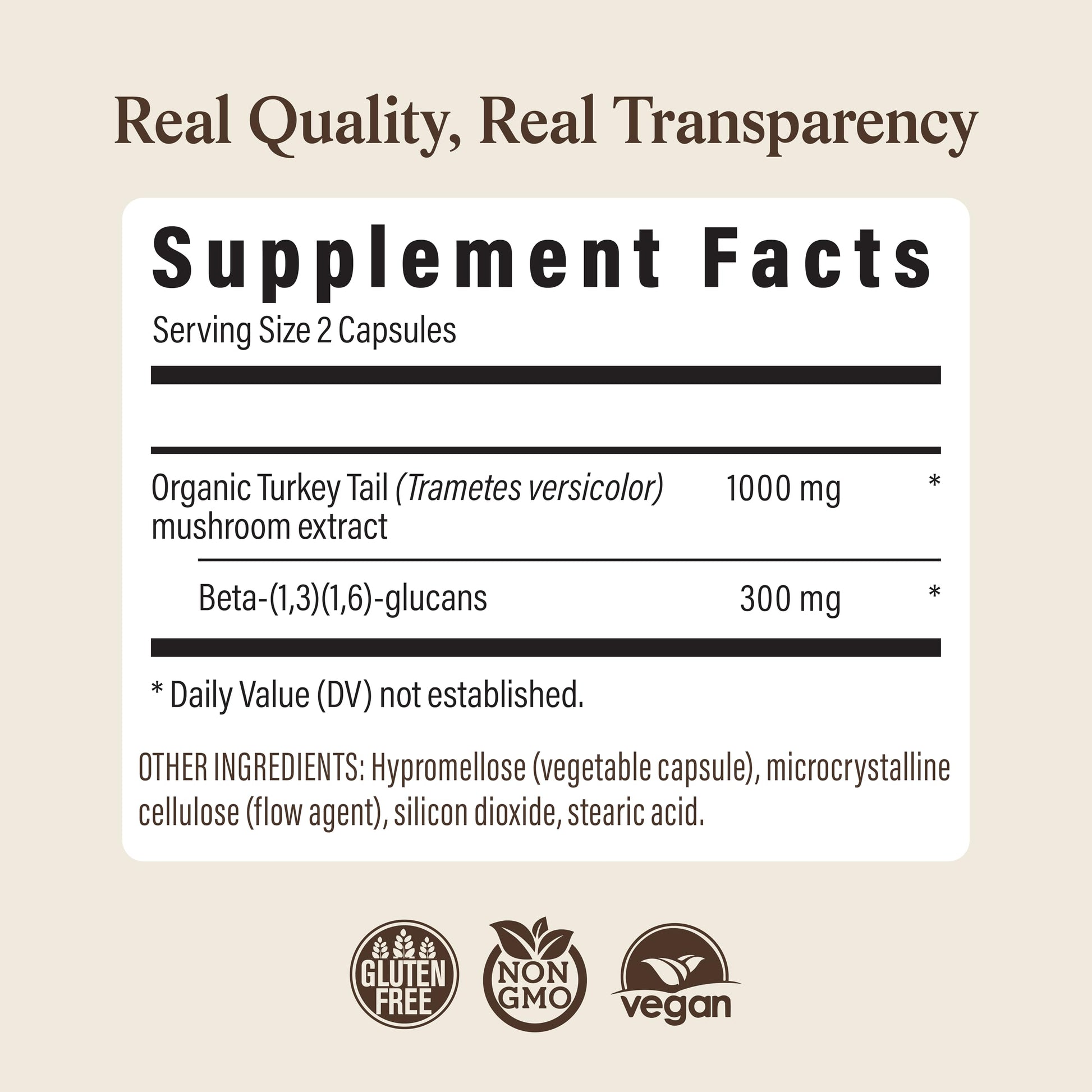 Certified organic non GMO Turkey Tail extract capsules label breakdown