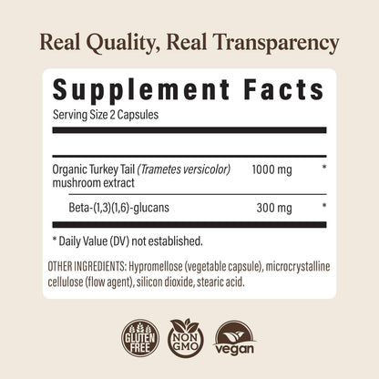 Certified organic non GMO Turkey Tail extract capsules label breakdown