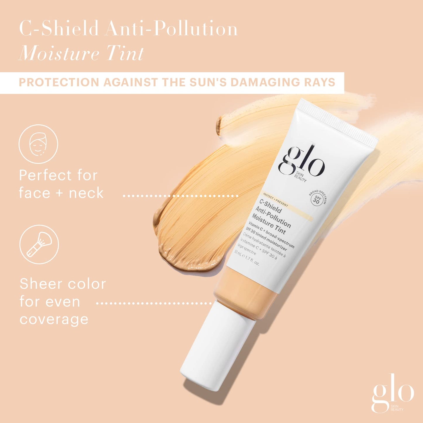 Glo Skin Beauty C-Shield skincare and mineral makeup hybrid tube angled perspective view.
