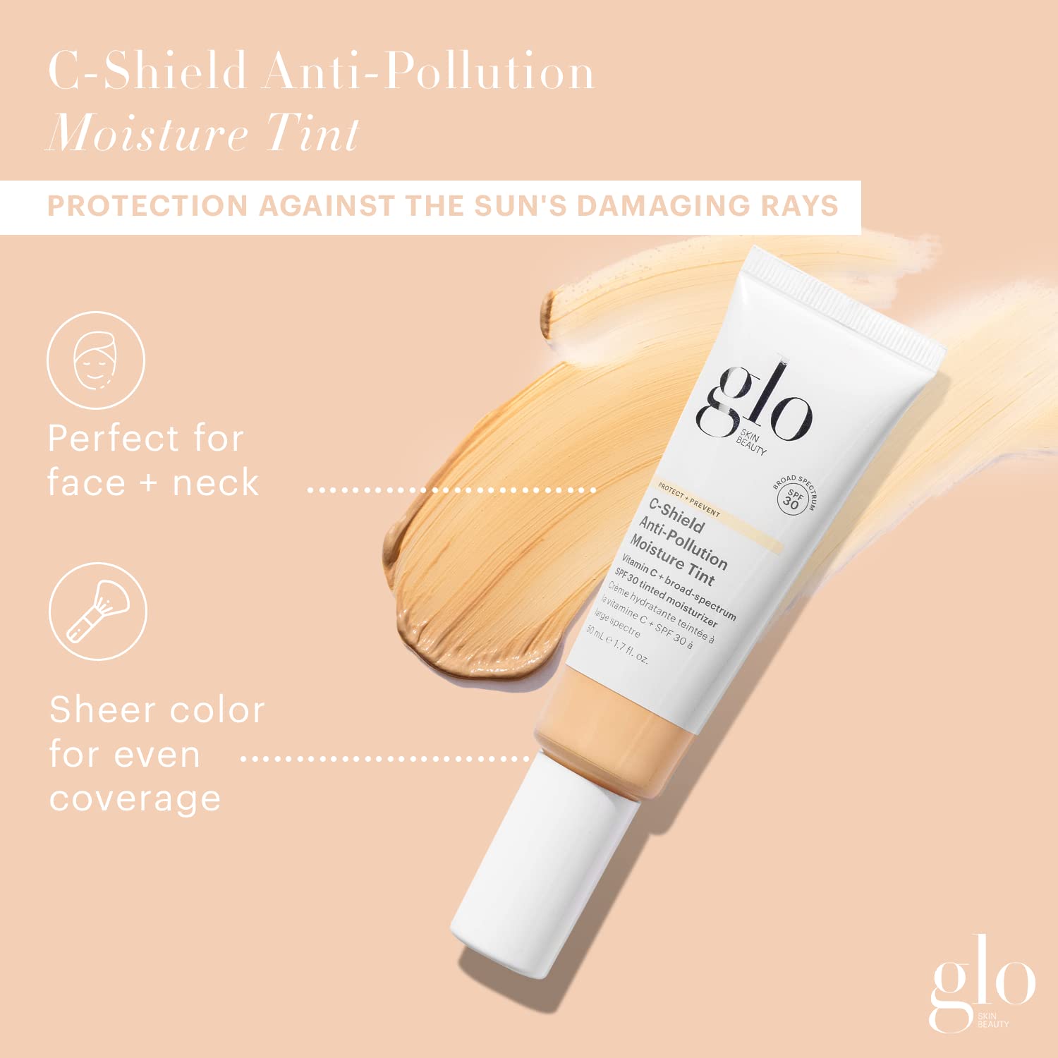 Glo Skin Beauty C-Shield skincare and mineral makeup hybrid tube angled perspective view.