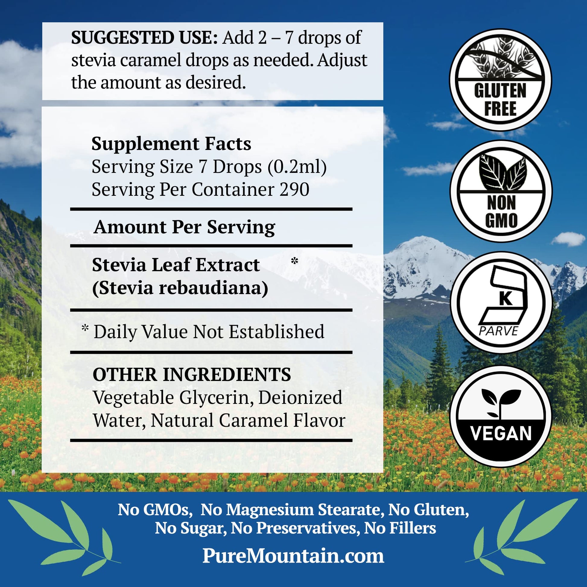 Pure Mountain Botanicals Caramel Stevia Liquid Drops zero calorie natural sweetener nutrition label view.