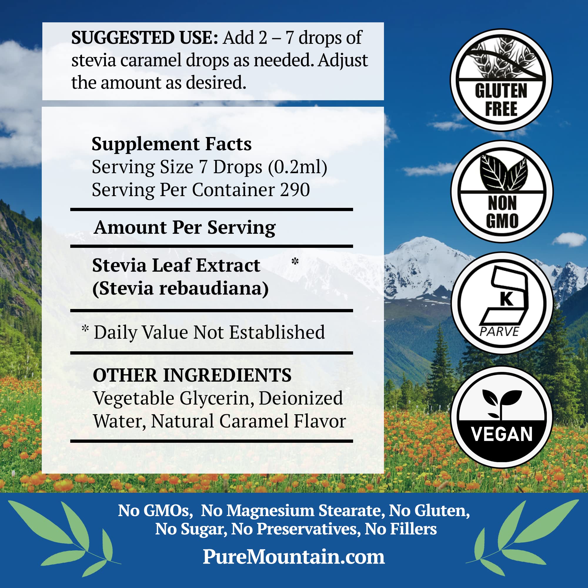 Pure Mountain Botanicals Caramel Stevia Liquid Drops zero calorie natural sweetener nutrition label view.