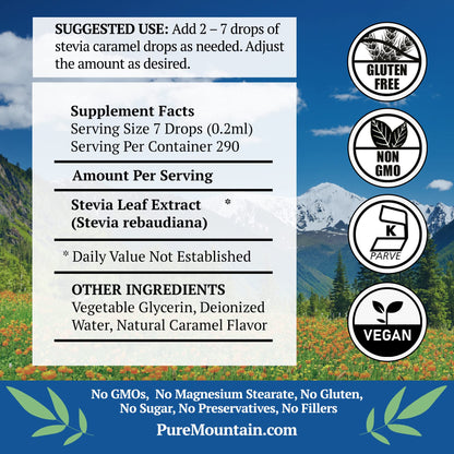 Pure Mountain Botanicals Caramel Stevia Liquid Drops zero calorie natural sweetener nutrition label view.