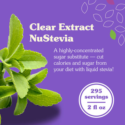 NuNaturals clear extract stevia premium sugar alternative bottle standing upright.
