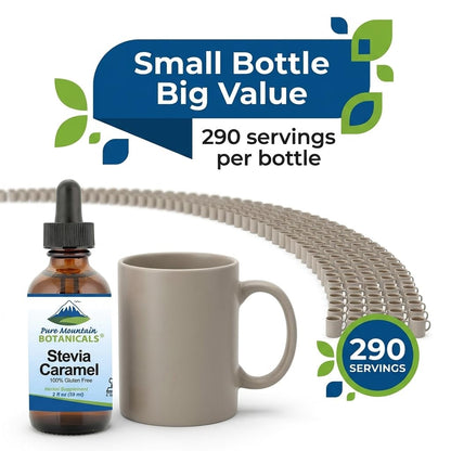 Pure Mountain Botanicals Caramel Stevia Liquid Drops showing the alcohol free and kosher certification seals.