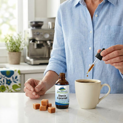 Pure Mountain Botanicals Caramel Stevia Liquid Drops lifestyle image depicting a keto friendly morning beverage routine.