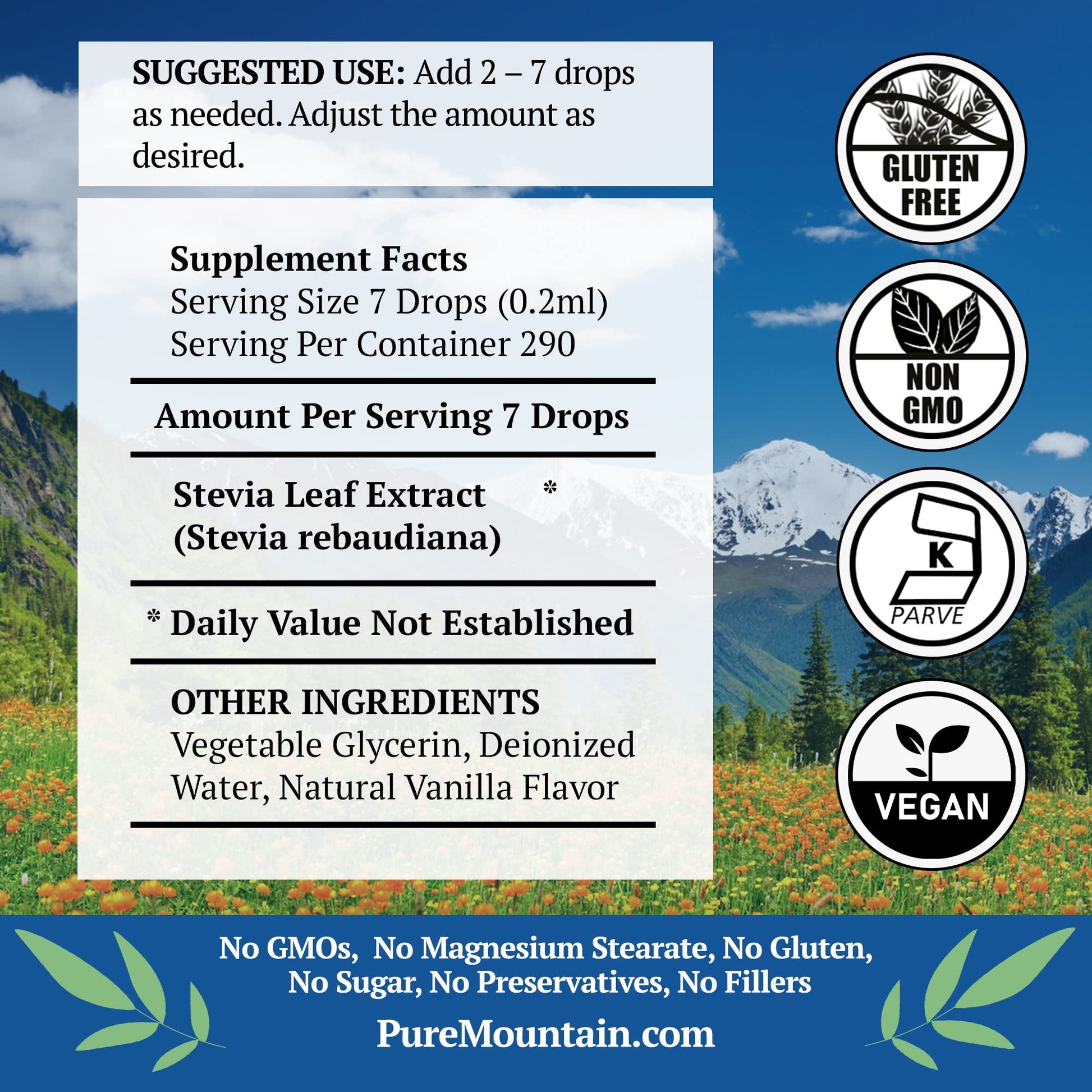 Pure Mountain Botanicals Vanilla Stevia Drops nutritional facts label showing zero calorie ingredients
