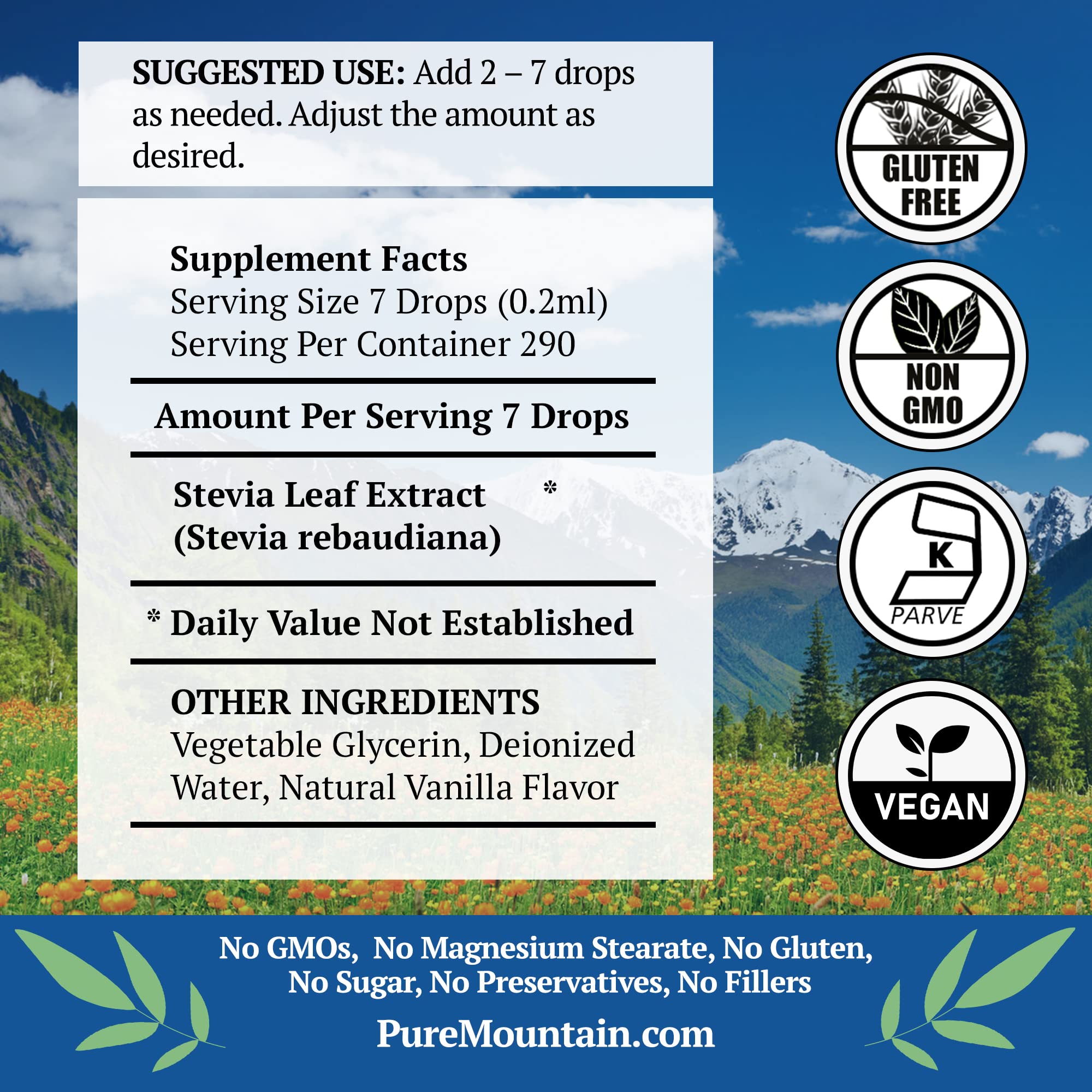 Pure Mountain Botanicals Vanilla Stevia Drops nutritional facts label showing zero calorie ingredients