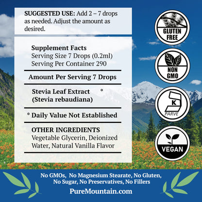 Pure Mountain Botanicals Vanilla Stevia Drops nutritional facts label showing zero calorie ingredients