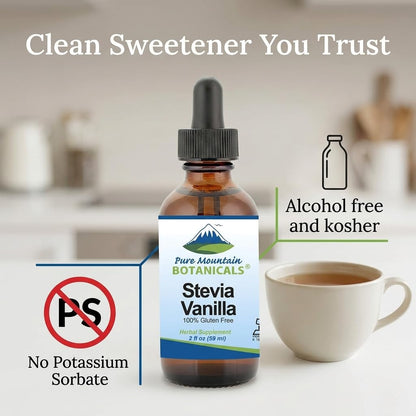 Alcohol free vanilla liquid stevia sweetener bottle with dropper mechanism extracted