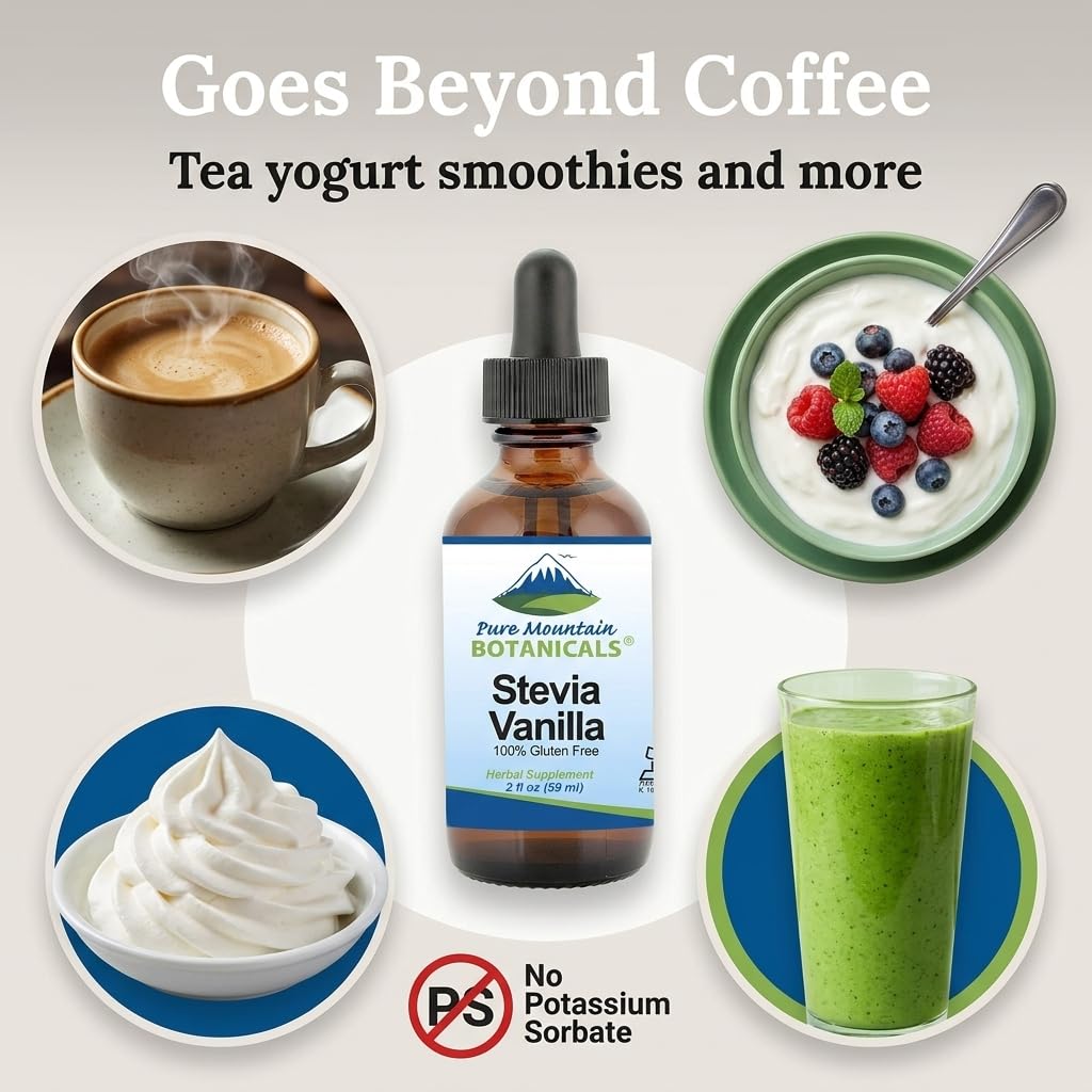 Pure Mountain Botanicals sugar substitute drops bottle showing vegan and gluten free symbols