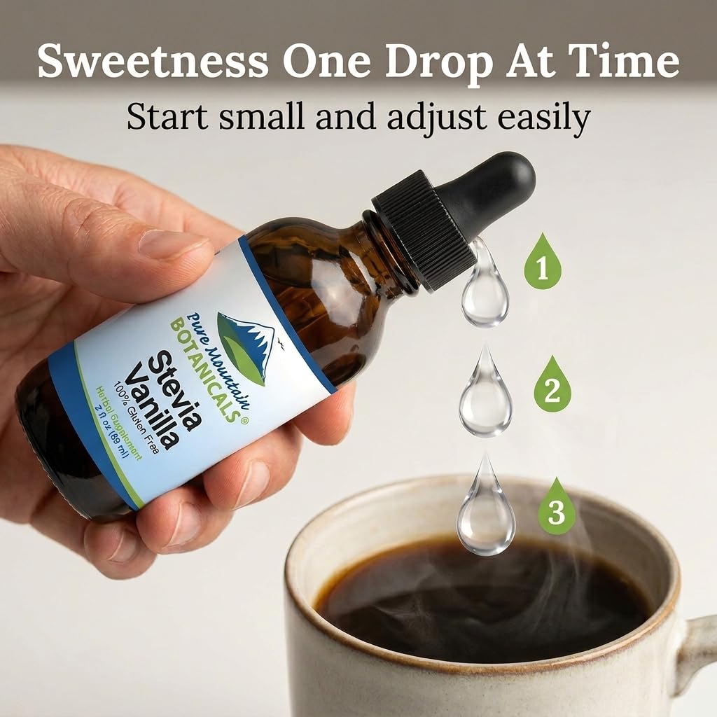 Keto friendly vanilla stevia drops package detailing non GMO plant based sweetener benefits