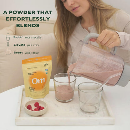 Side view of Om memory and focus mushroom powder supplement pouch
