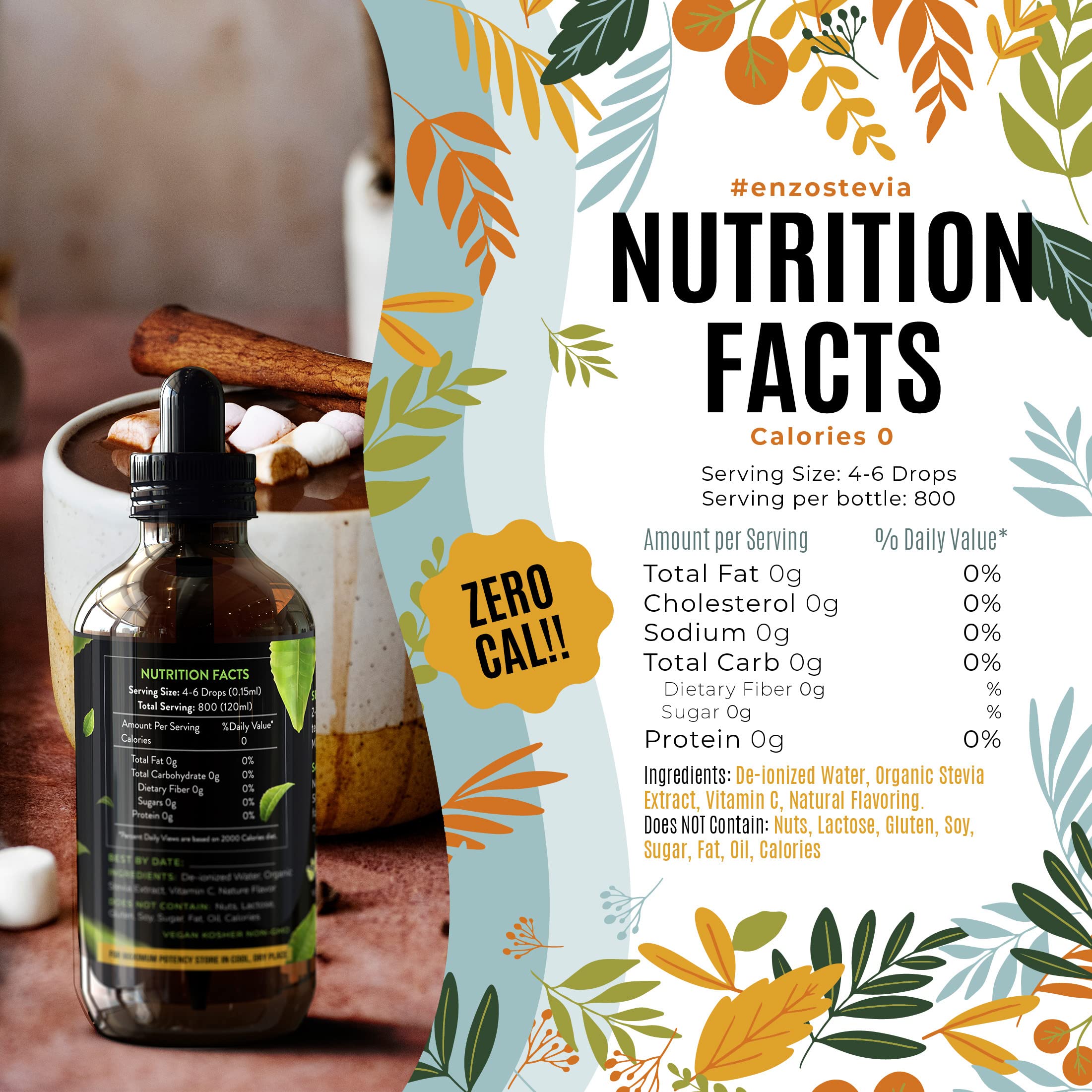 Back of bottle showing nutritional information and clean ingredients for Enzo's Cinnamon Stevia Drops