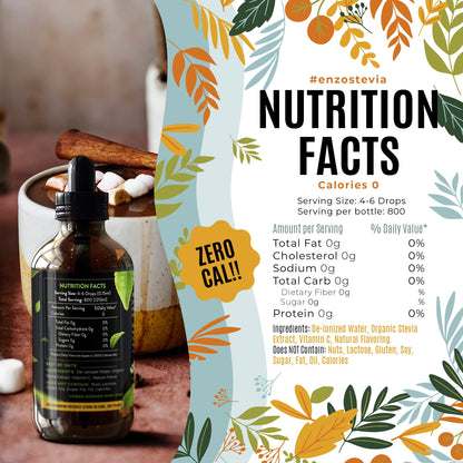 Back of bottle showing nutritional information and clean ingredients for Enzo's Cinnamon Stevia Drops