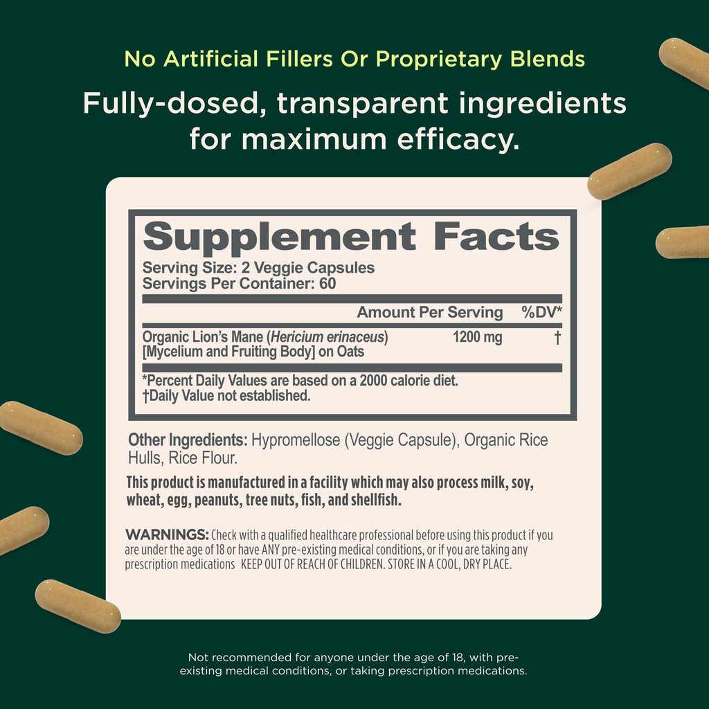 Organic full spectrum mushroom supplement facts panel showing 1200mg serving size