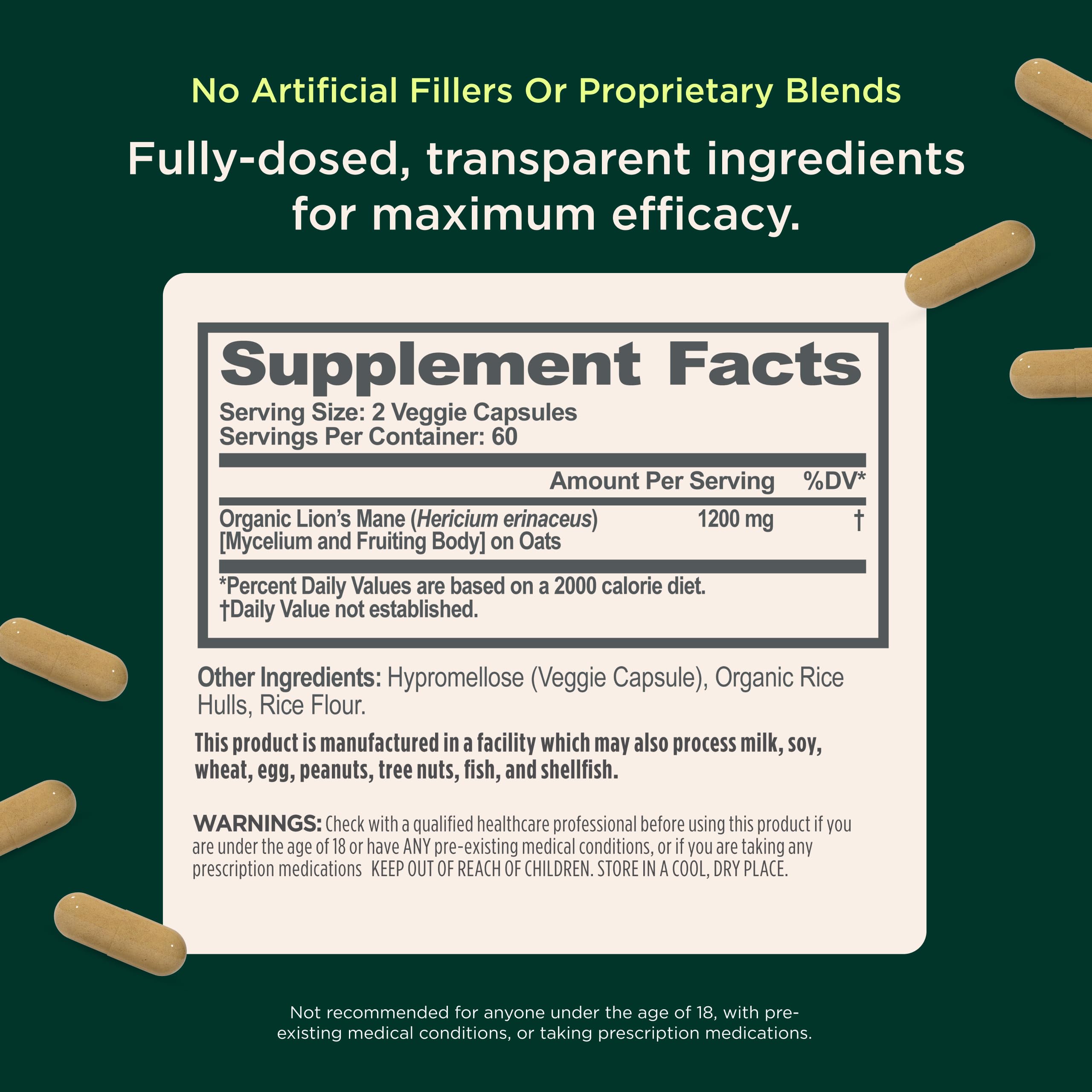 Organic full spectrum mushroom supplement facts panel showing 1200mg serving size
