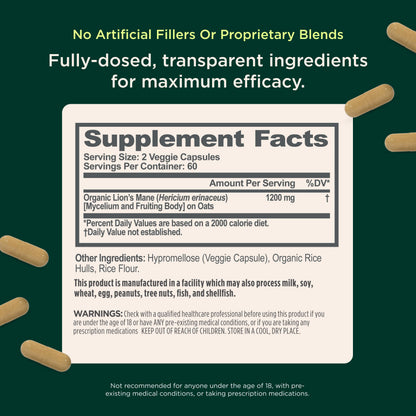 Organic full spectrum mushroom supplement facts panel showing 1200mg serving size