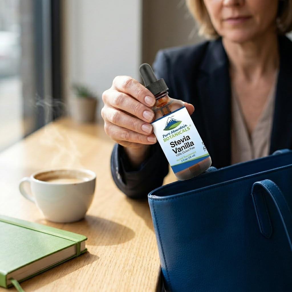 Side view of Pure Mountain Botanicals natural vanilla sweet drops sweetener packaging
