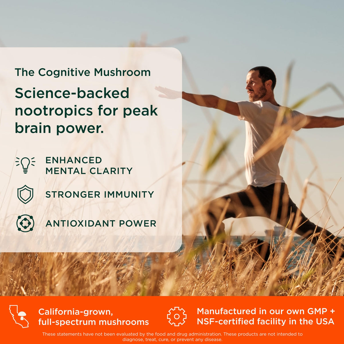 Premium plant based nootropic capsule bottle angle showcasing authentic USA sourced product