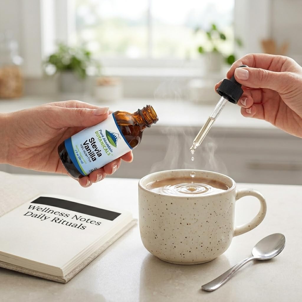 Pure Mountain Botanicals organic liquid stevia bottle showing close up of the product base