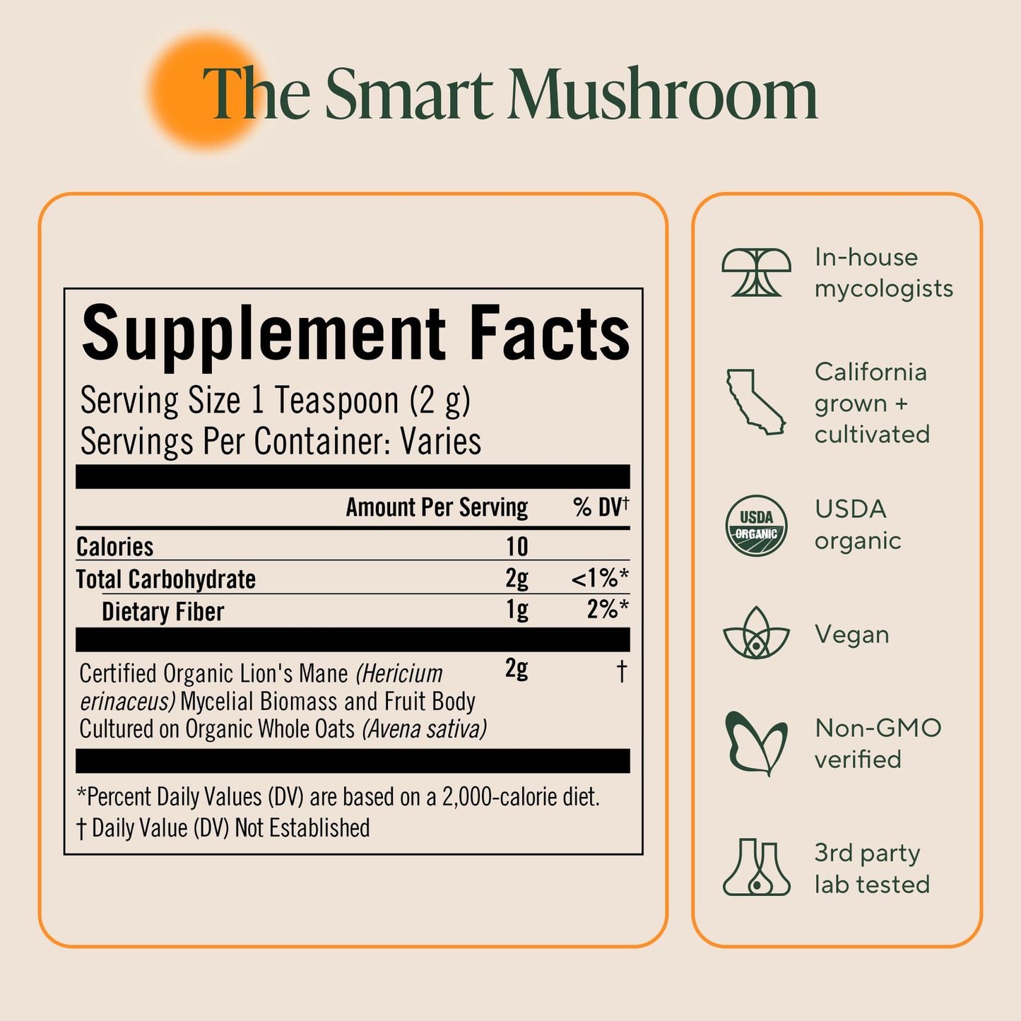 Om Mushroom Superfood dietary information panel showing two thousand milligram serving size