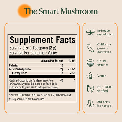 Om Mushroom Superfood dietary information panel showing two thousand milligram serving size