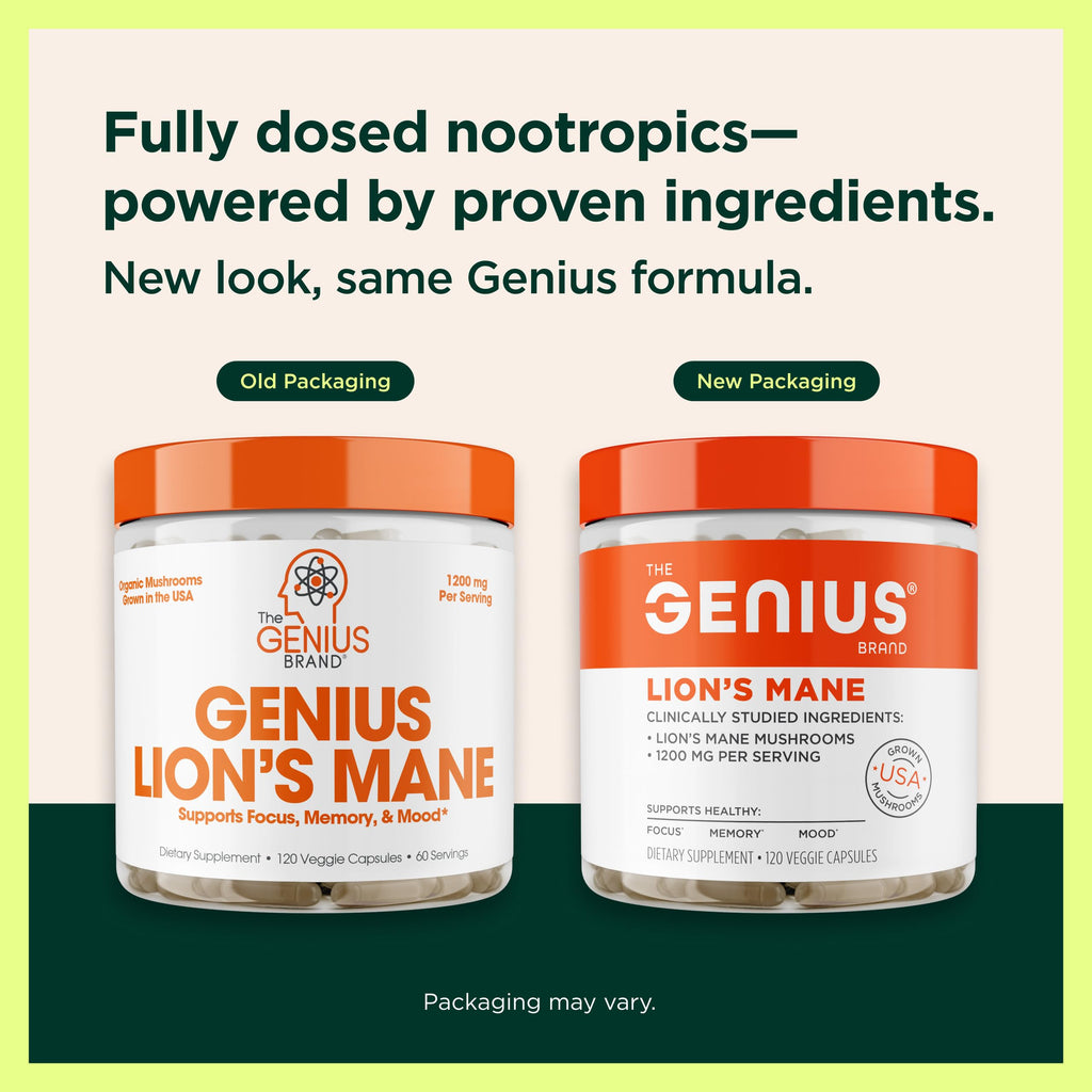 The Genius Brand brain booster capsule label detailing vegan and keto friendly icons