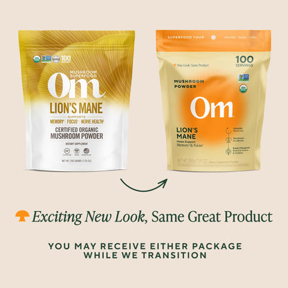Om Lion's Mane nootropic powder certified organic and non-GMO icons close up