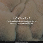 Lions mane dietary supplement bottle showing memory and mood support benefits