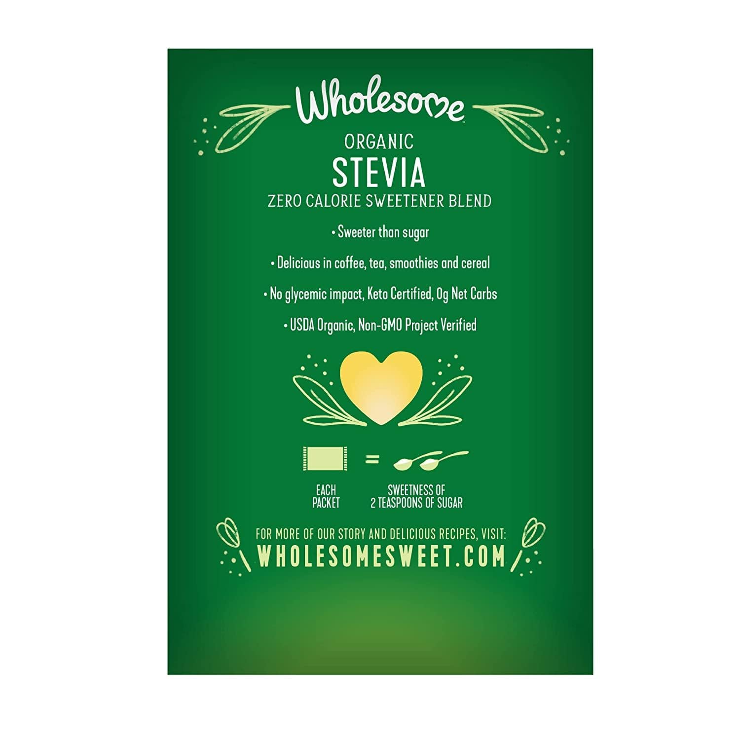 Wholesome plant based sugar substitute packets displayed on a kitchen counter next to a hot cup of coffee.