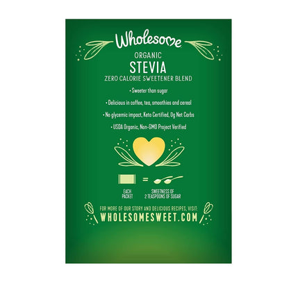 Wholesome plant based sugar substitute packets displayed on a kitchen counter next to a hot cup of coffee.