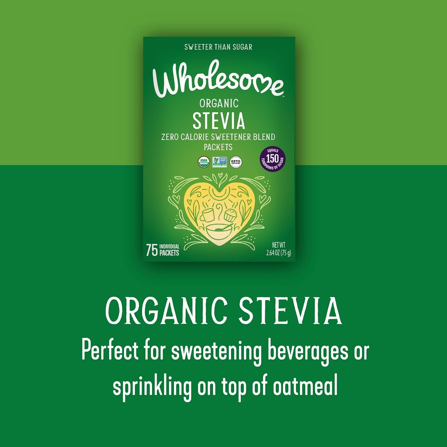 Close up view of the nutrition facts and USDA organic ingredient list on Wholesome stevia packaging.