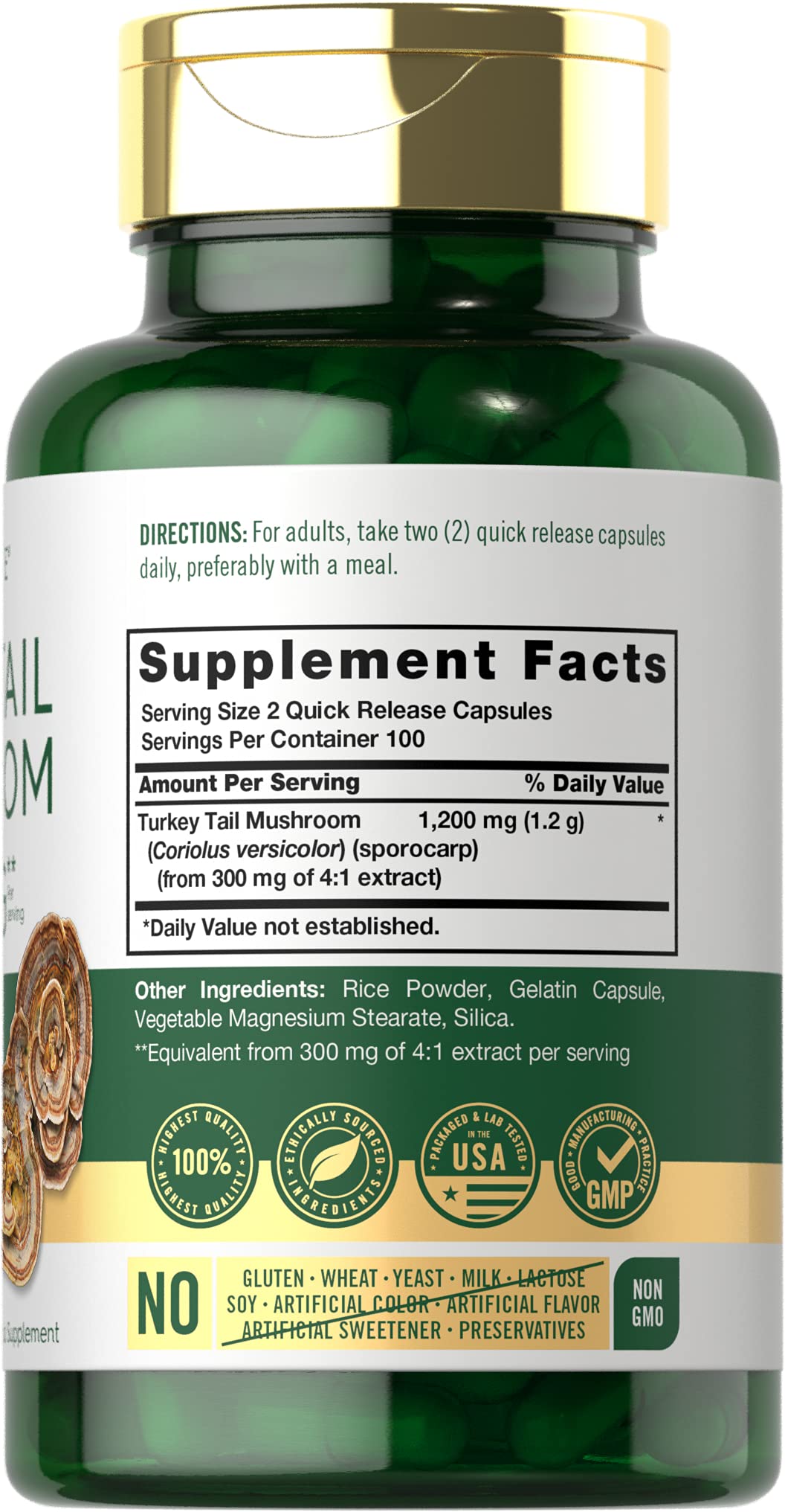 Side angle of Carlyle Turkey Tail Mushroom supplement bottle displaying the 1200mg dosage per serving