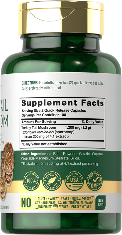 Side angle of Carlyle Turkey Tail Mushroom supplement bottle displaying the 1200mg dosage per serving