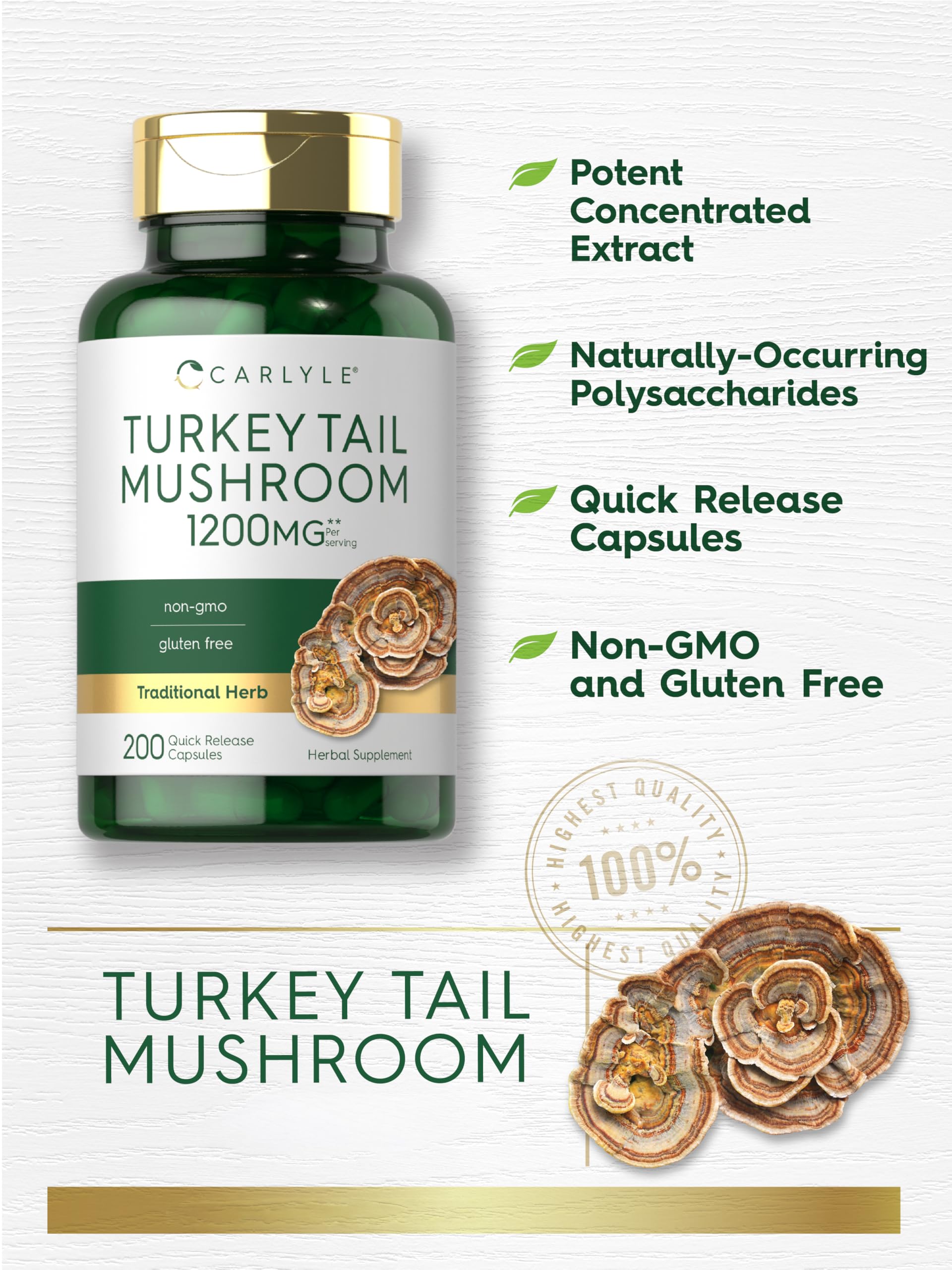 Back label view of Carlyle Turkey Tail Mushroom capsules with ingredients list and clear usage instructions