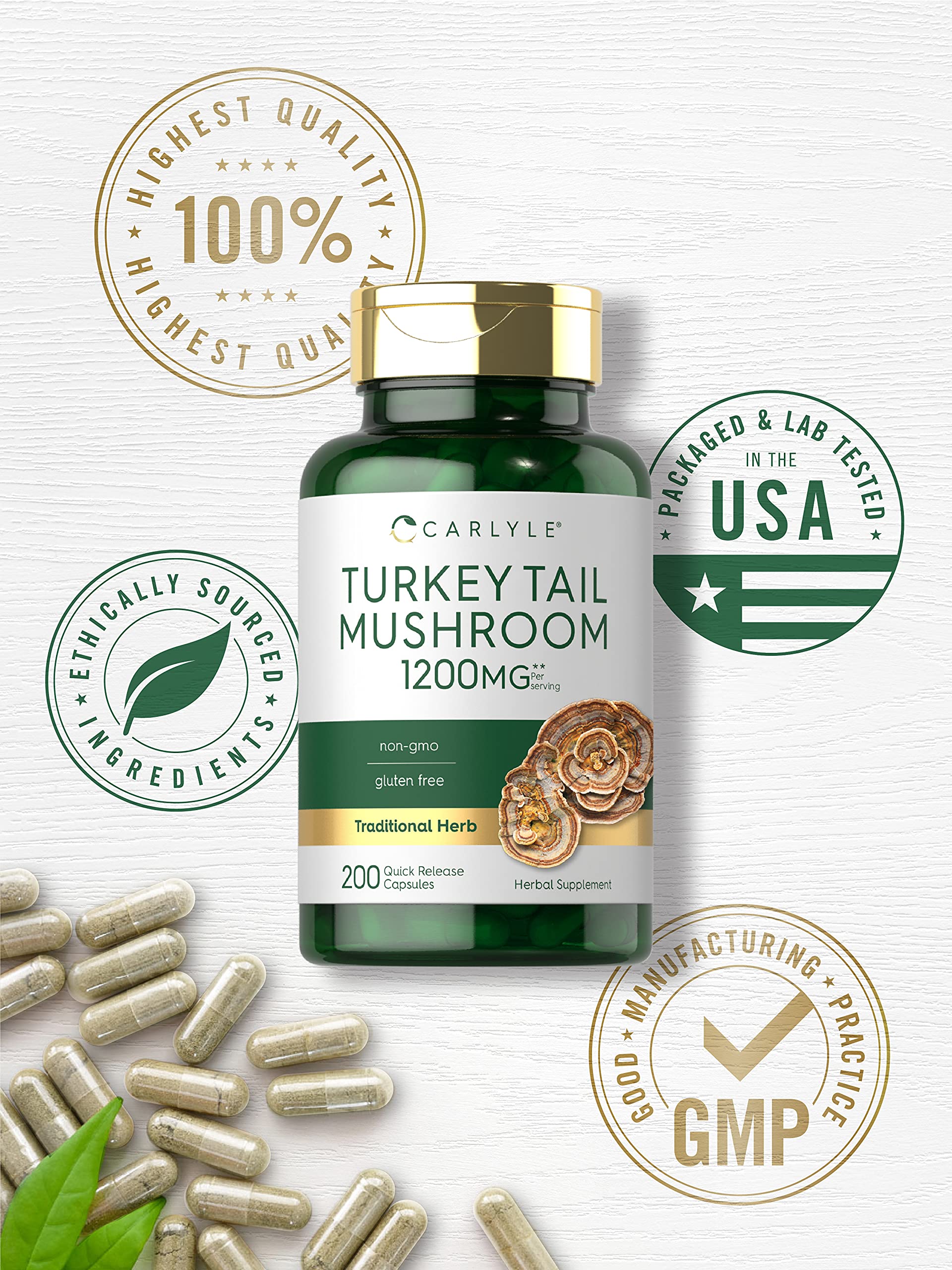 Top view of the packaging for Carlyle Turkey Tail Mushroom 200 quick-release capsules