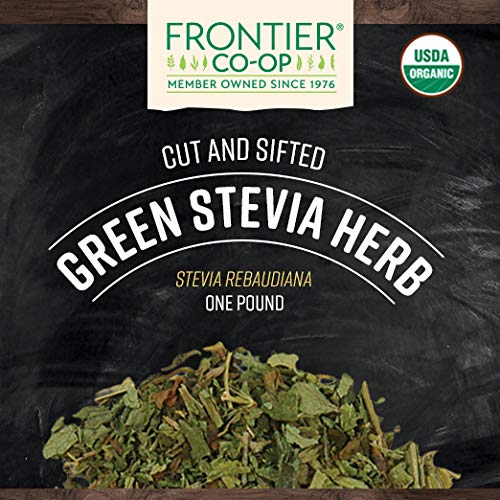 Close up view of premium cut and sifted organic green stevia leaves from Frontier Cooperative