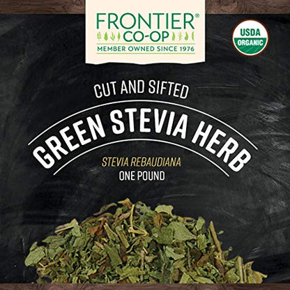 Close up view of premium cut and sifted organic green stevia leaves from Frontier Cooperative