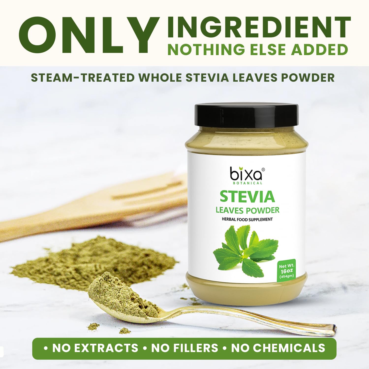Bixa Botanical Stevia Leaf Powder packaging label ingredients overview