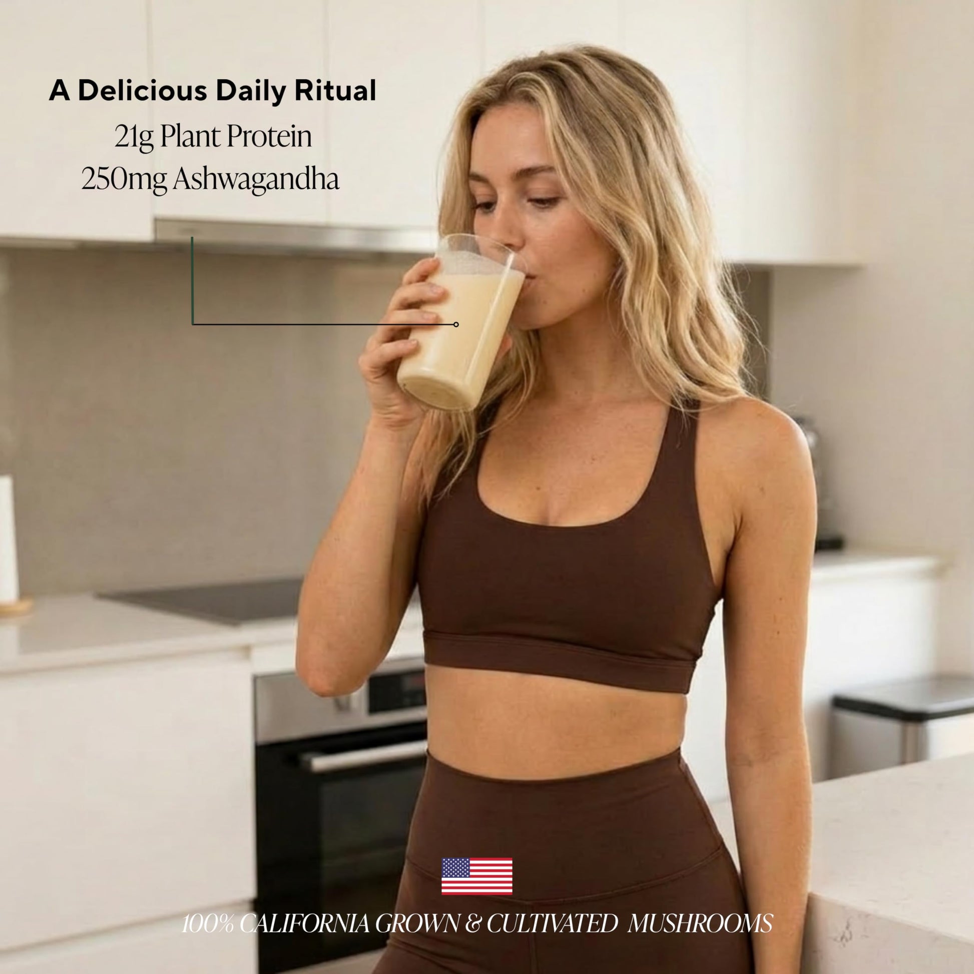 Authentic USA imported Om Mushroom Superfood protein powder bag standing upright.