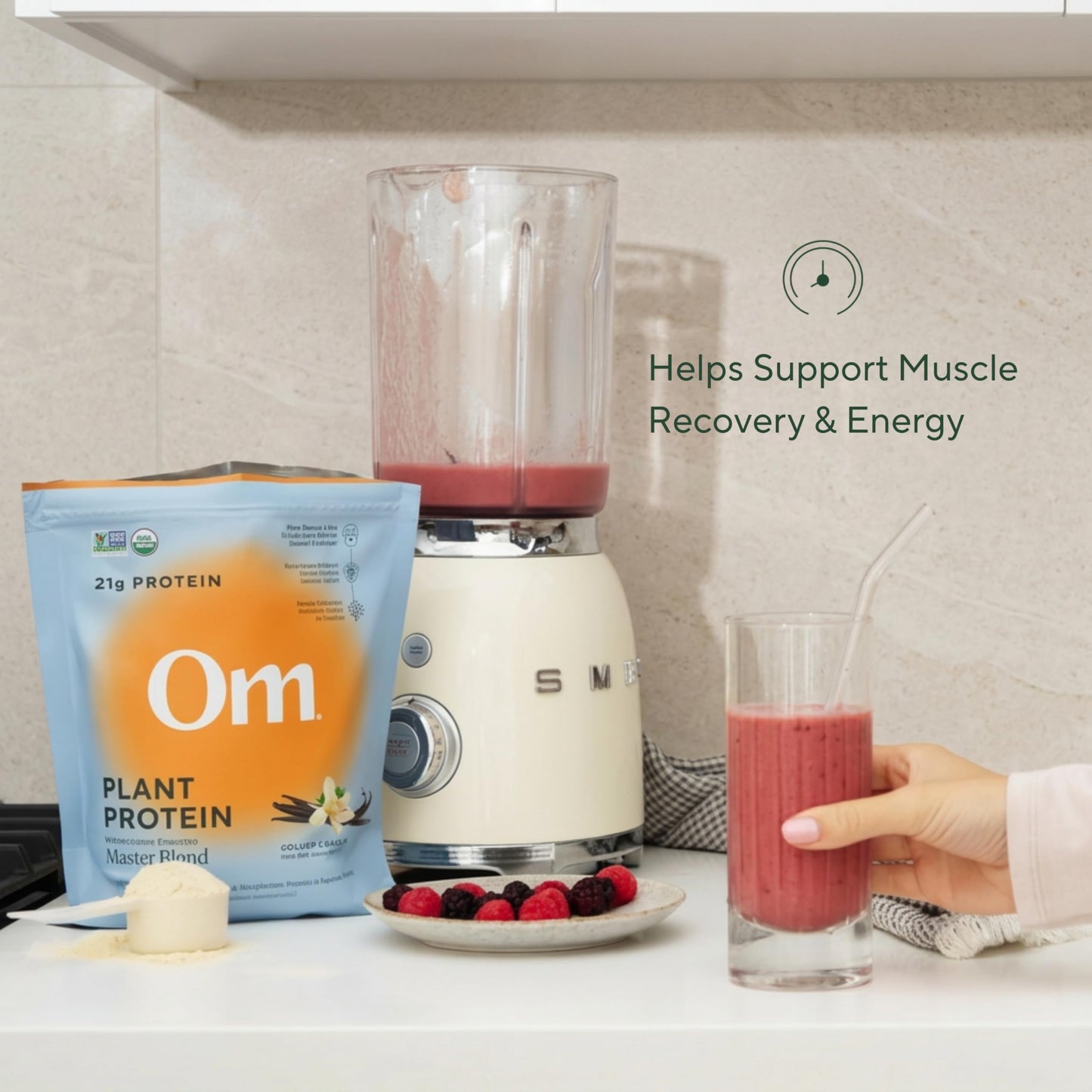 Close up of smooth vanilla plant protein powder texture with measuring scoop.