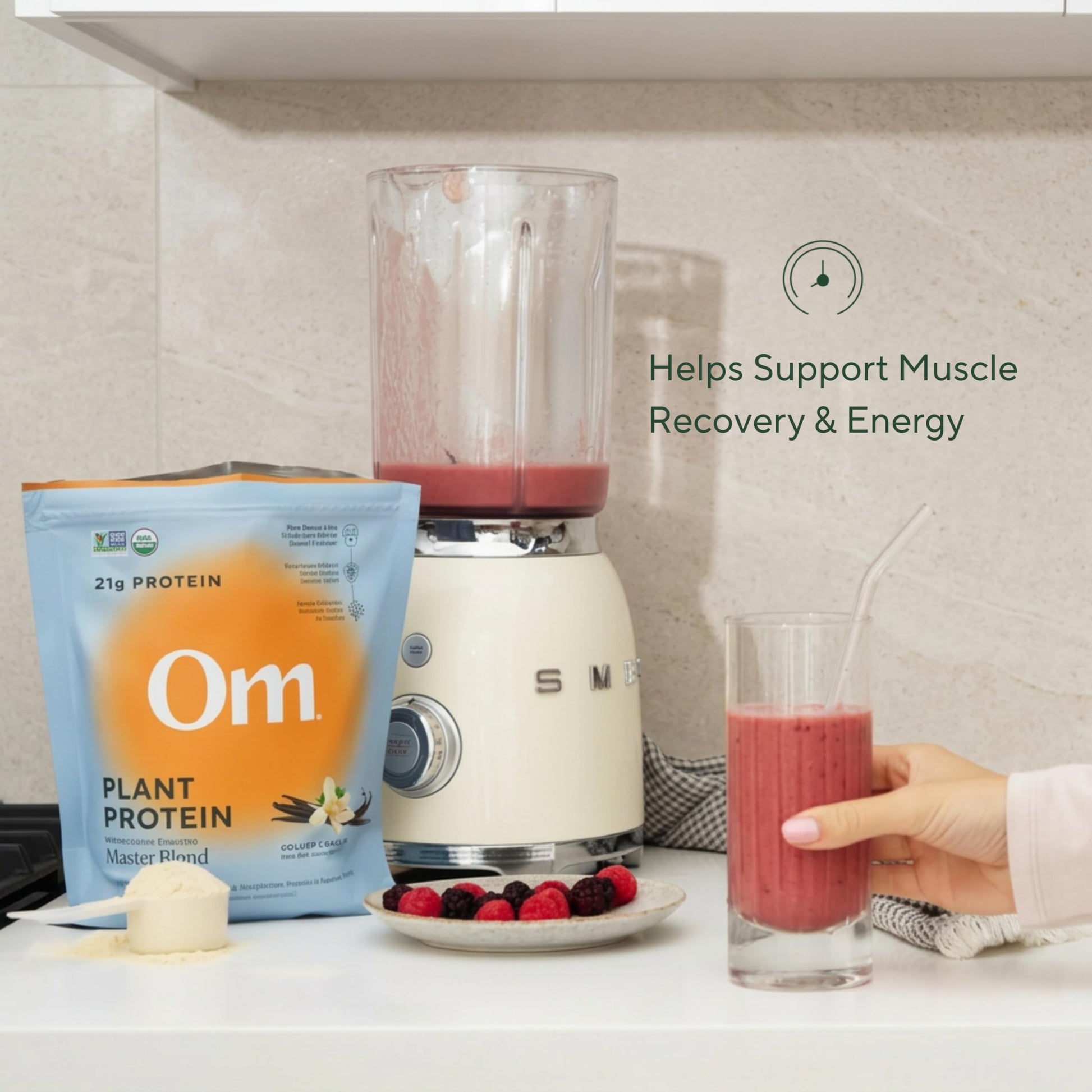 Close up of smooth vanilla plant protein powder texture with measuring scoop.