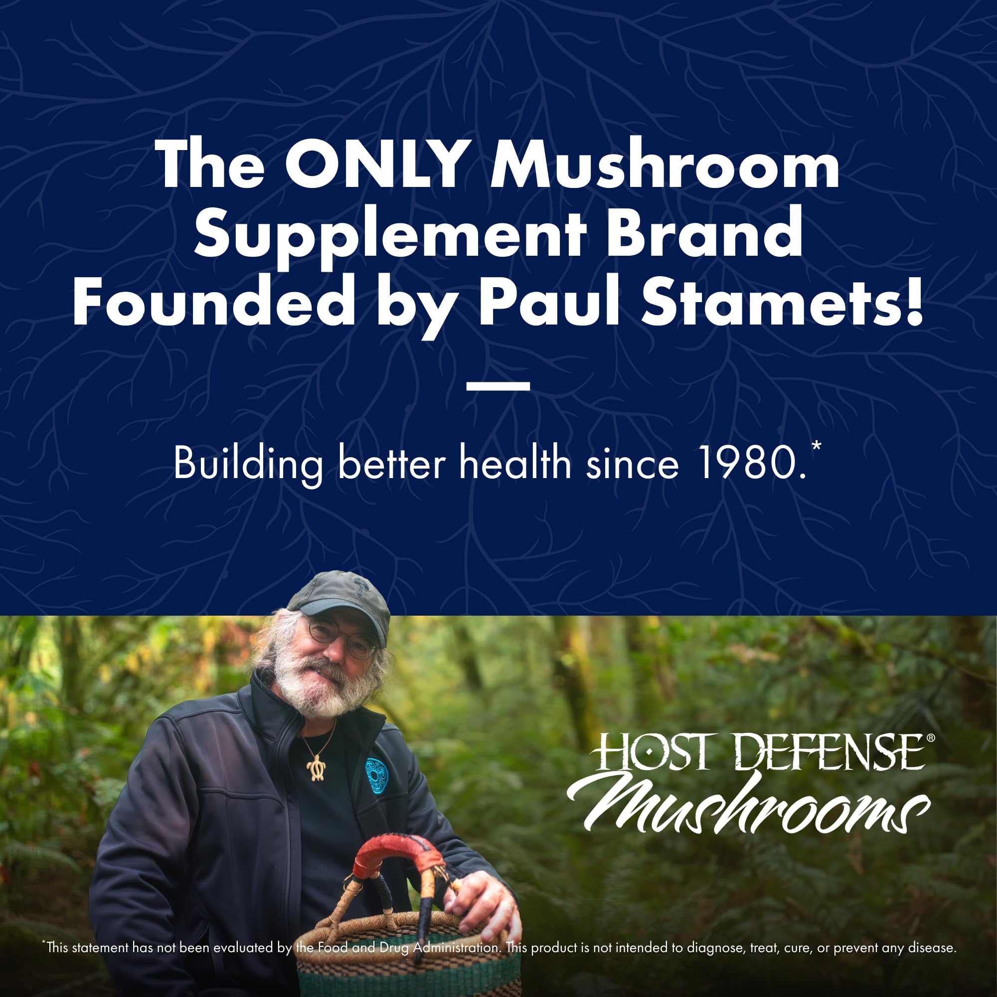 Host Defense Stamets 7 mushroom powder jar showing organic certification seal