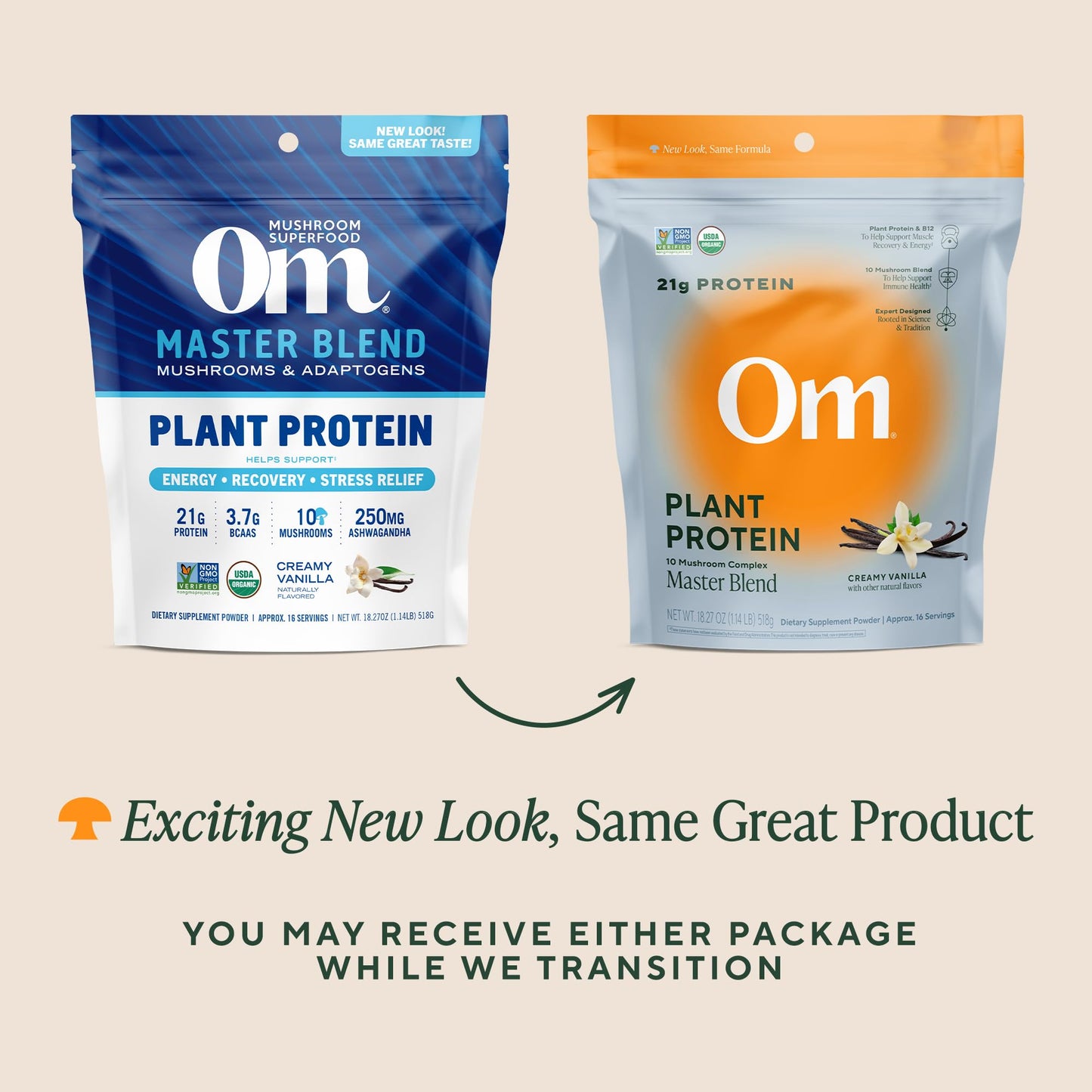 Om Mushroom Superfood Master Blend vegan protein mixed into a fresh morning smoothie.