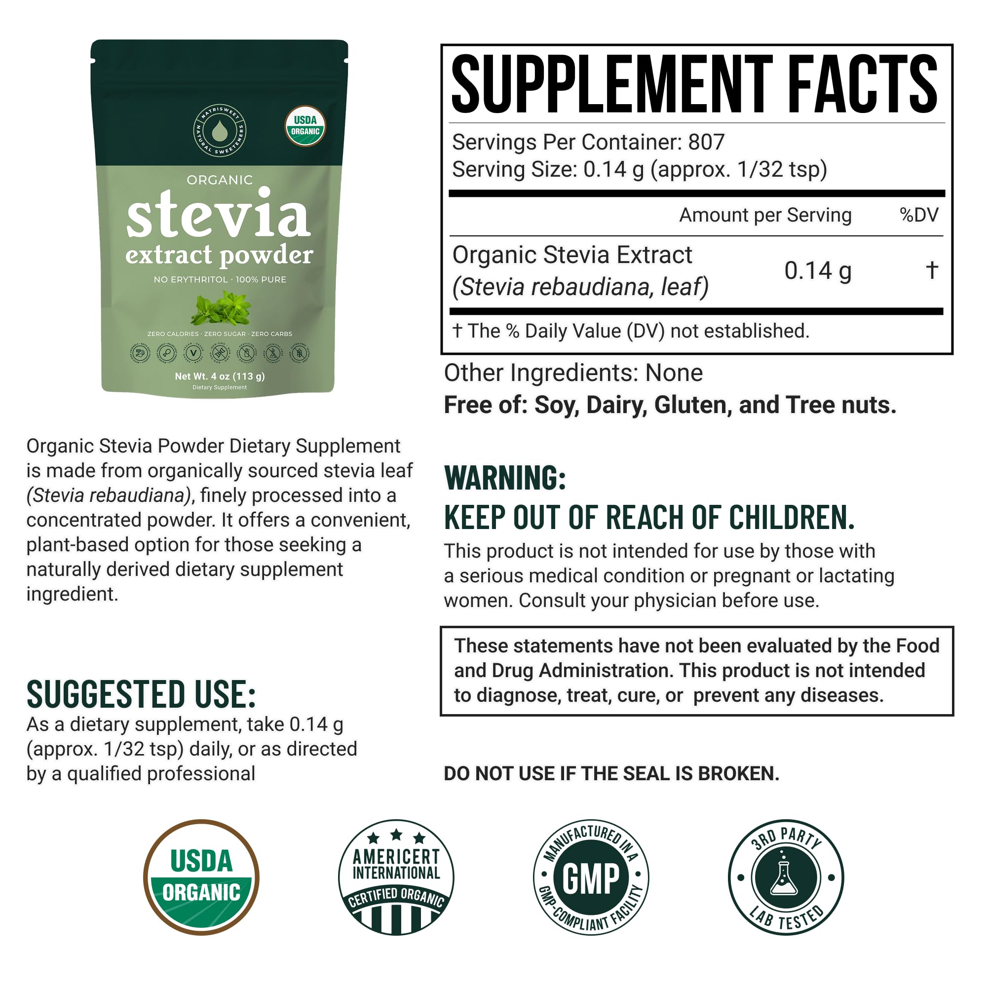 NatriSweet 100 percent pure stevia extract powder packaging back labels