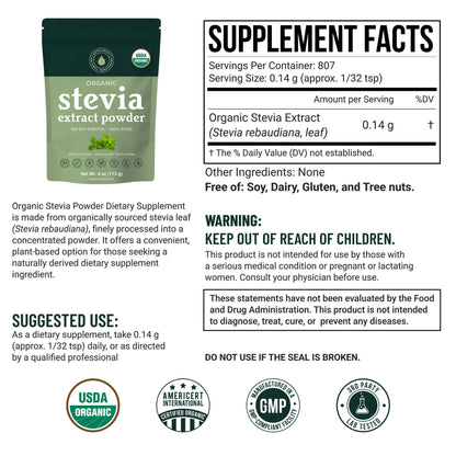 NatriSweet 100 percent pure stevia extract powder packaging back labels