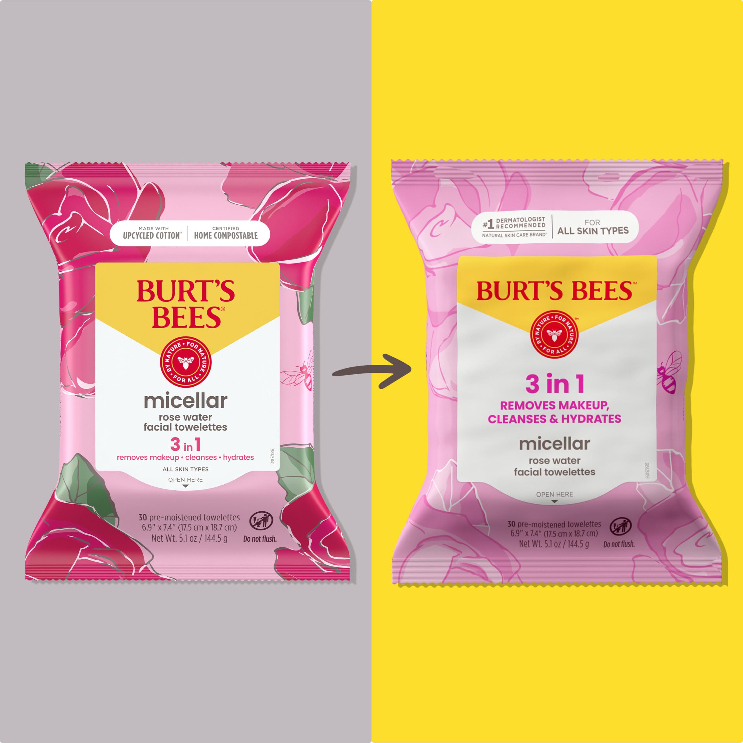 Burt's Bees three in one micellar facial cleansing wipes showing packaging details and natural ingredients