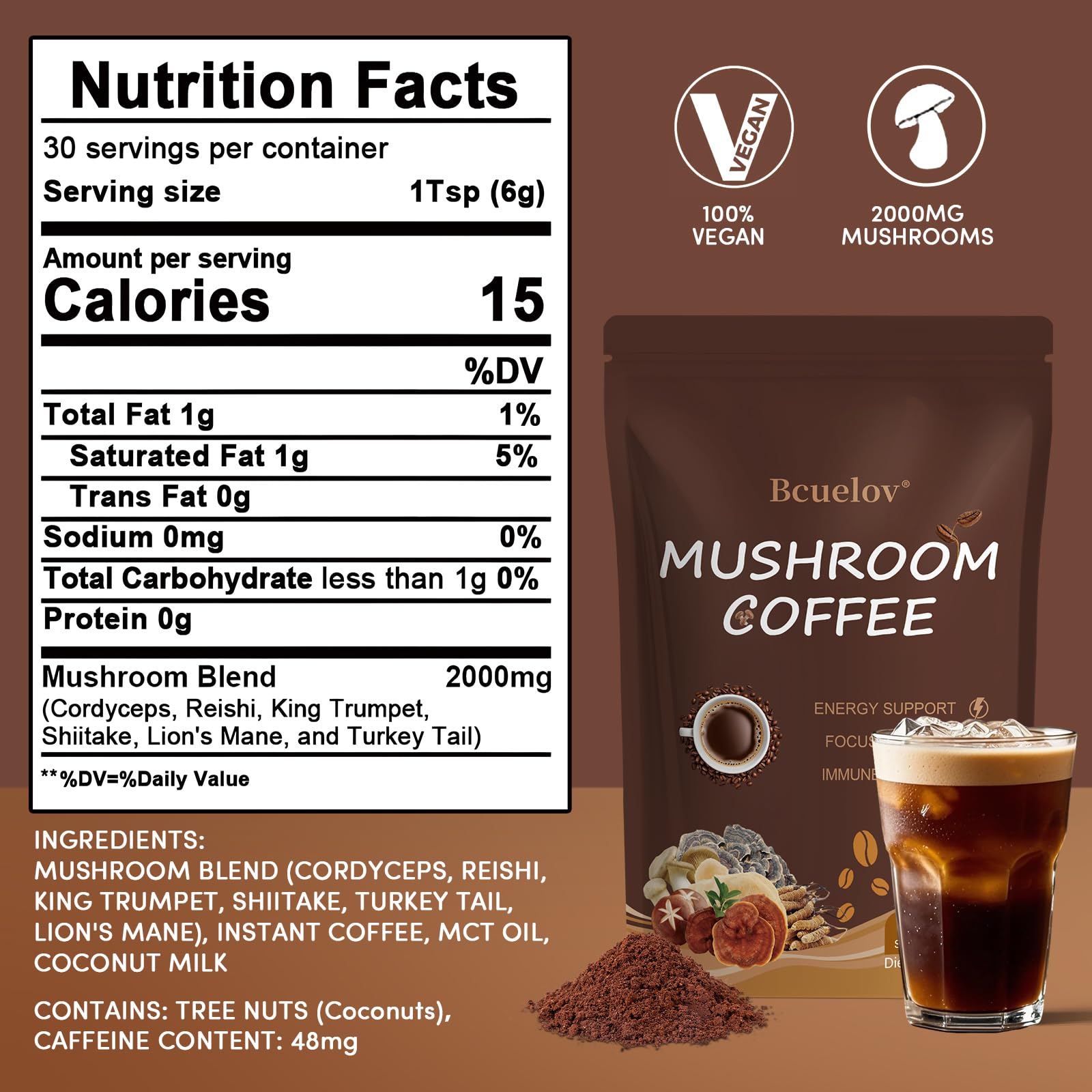 Bcuelov 180 Grams mushroom coffee mix showing nutritional profile and directions.