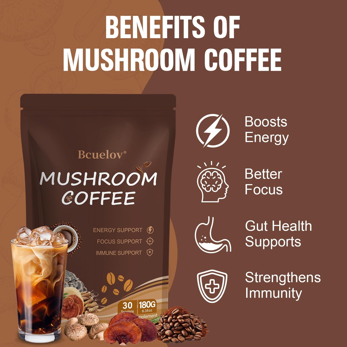 Premium Arabica instant coffee powder mixed with Lion's Mane and MCT oil.